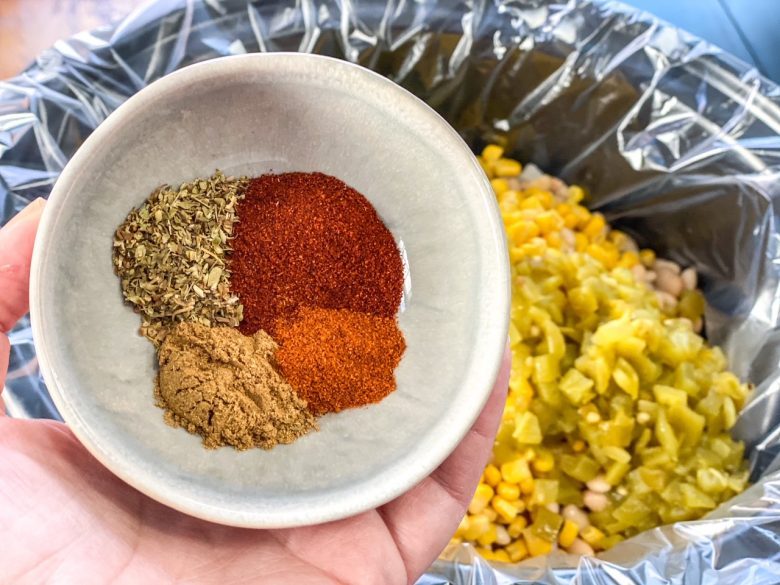 White chicken chili spices are chili powder, cumin, paprika, oregano. 