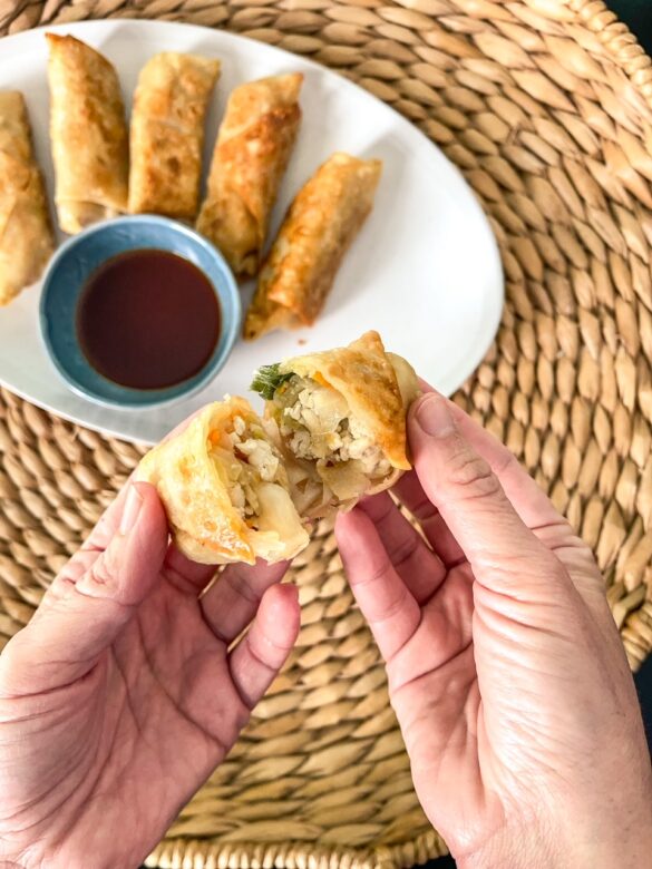 Homemade eggroll filled with cabbage and chicken. 