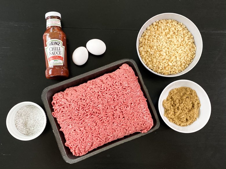 Meatloaf ingredients are ground beef, chili sauce, brown sugar, rice cereal and eggs. 