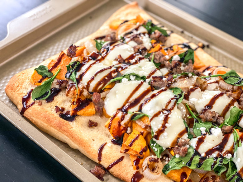 Sweet potato pizza with balsamic drizzle. 