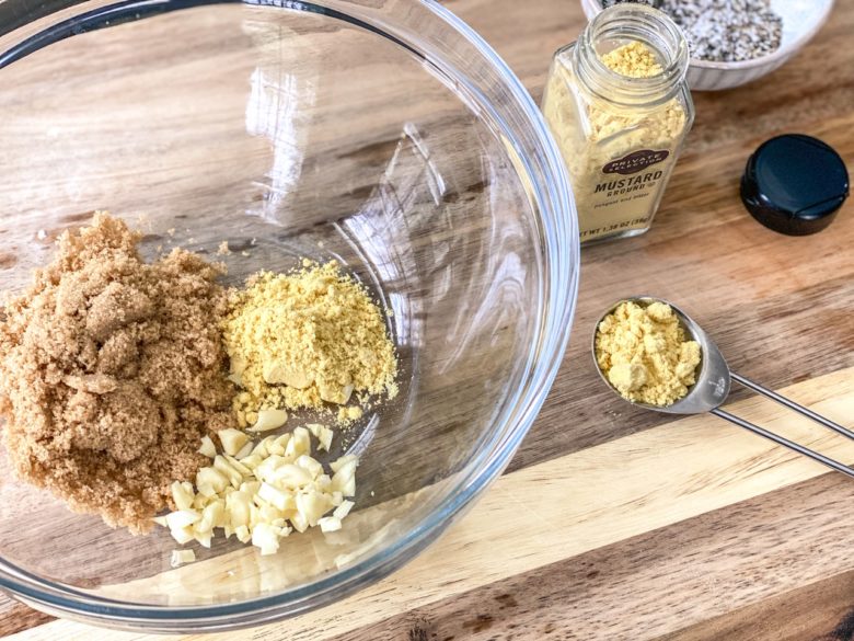 Brown sugar, dry mustard, and garlic in a mixing bowl. 