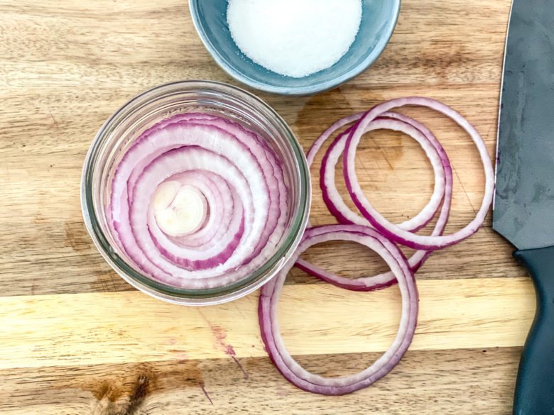 Thin sliced onions for pickled red onions. 