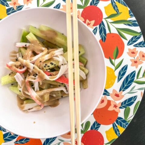 Japanese Kanisu Salad with sesame dressing and chopsticks.